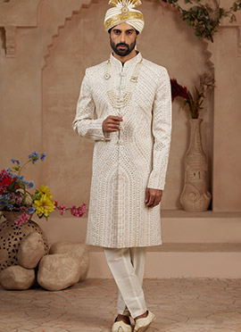 Cream Silk Zari Embroidered Stone And Mirror Work  Indowestern Sherwani