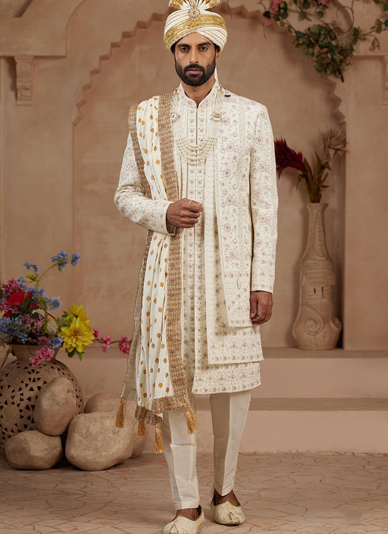 Cream Silk Zari Embroidered With Stone Work Indowestern Sherwani