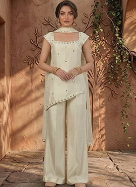 Cream Silk Zari Hand Embroidered Mirror Work Palazzo Suit