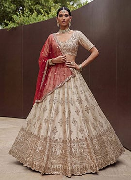Cream Silk Zari Hand Embroidered Sequins Lehenga