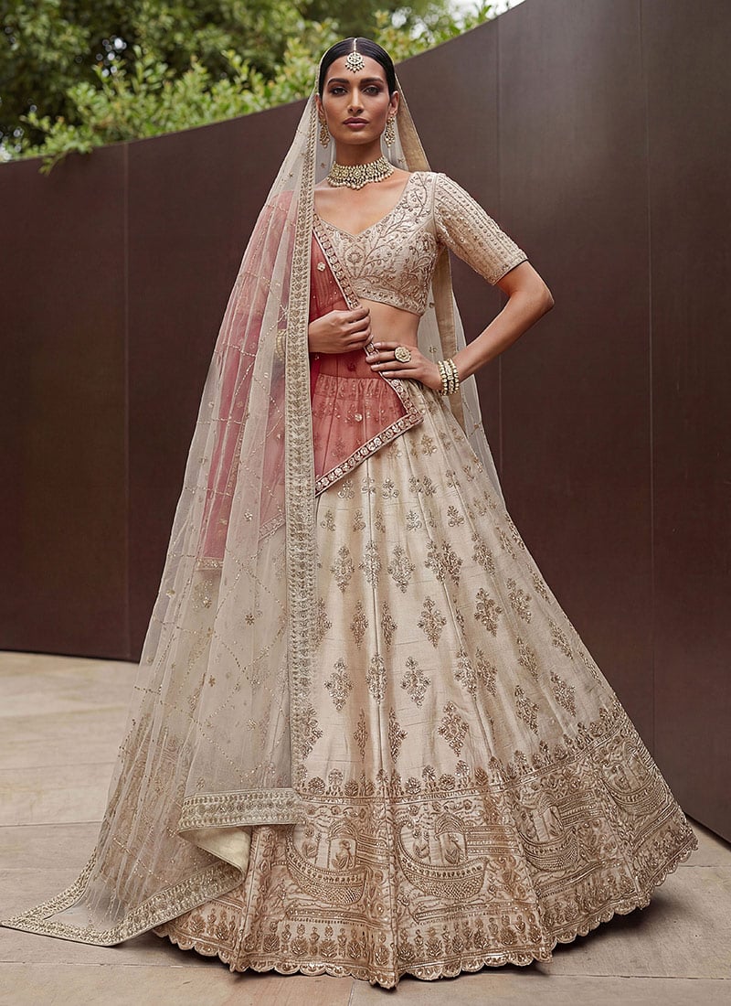 Cream Silk Zari Hand Embroidered Sequins Lehenga Wedding Wear