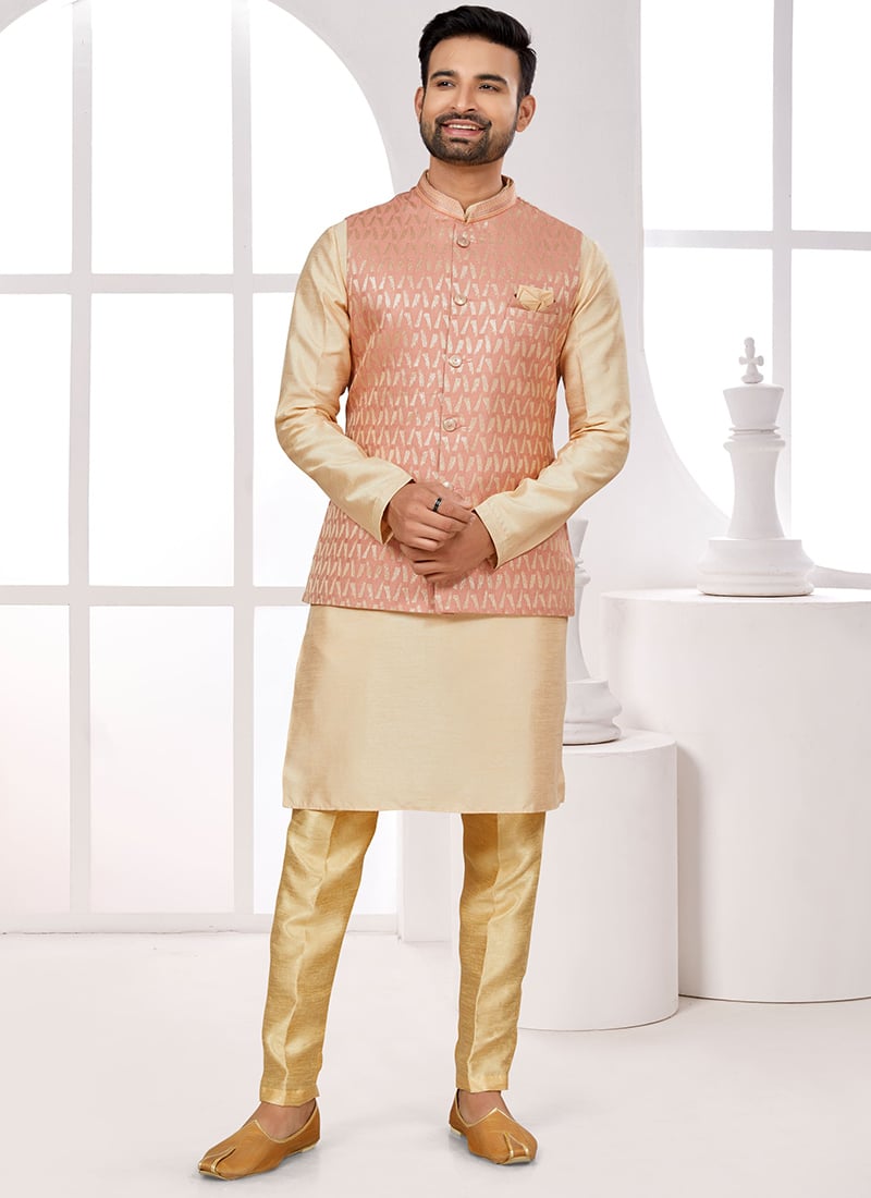 Cream Silk Zari Jacquard Bandi Set Festive Wear