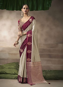 Cream Silk Zari Jacquard Embroidered Sequins Saree