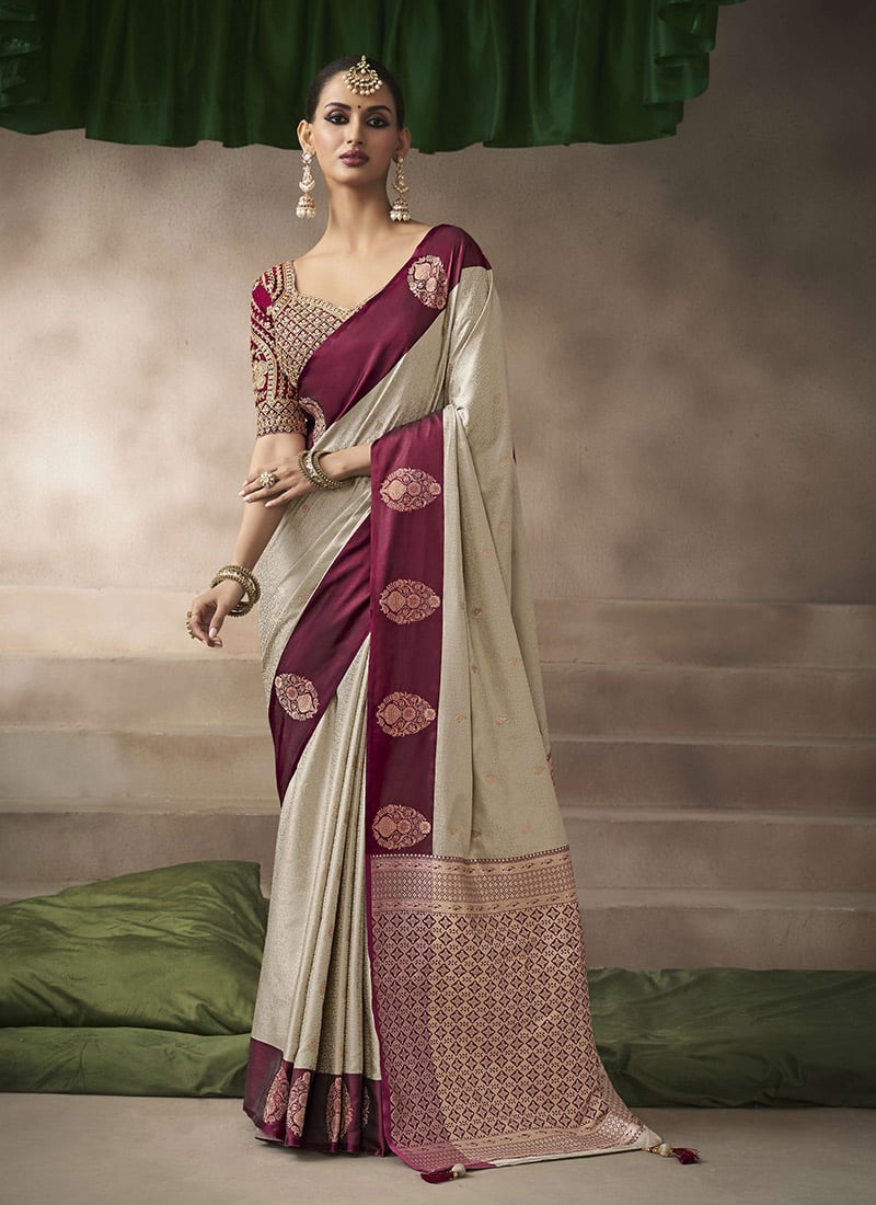 Cream Silk Zari Jacquard Embroidered Sequins Saree Festive Wear