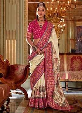 Cream Silk Zari Printed Saree