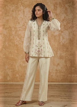 Cream Silk Zari Resham Embroidered  Indowestern Pant Suit