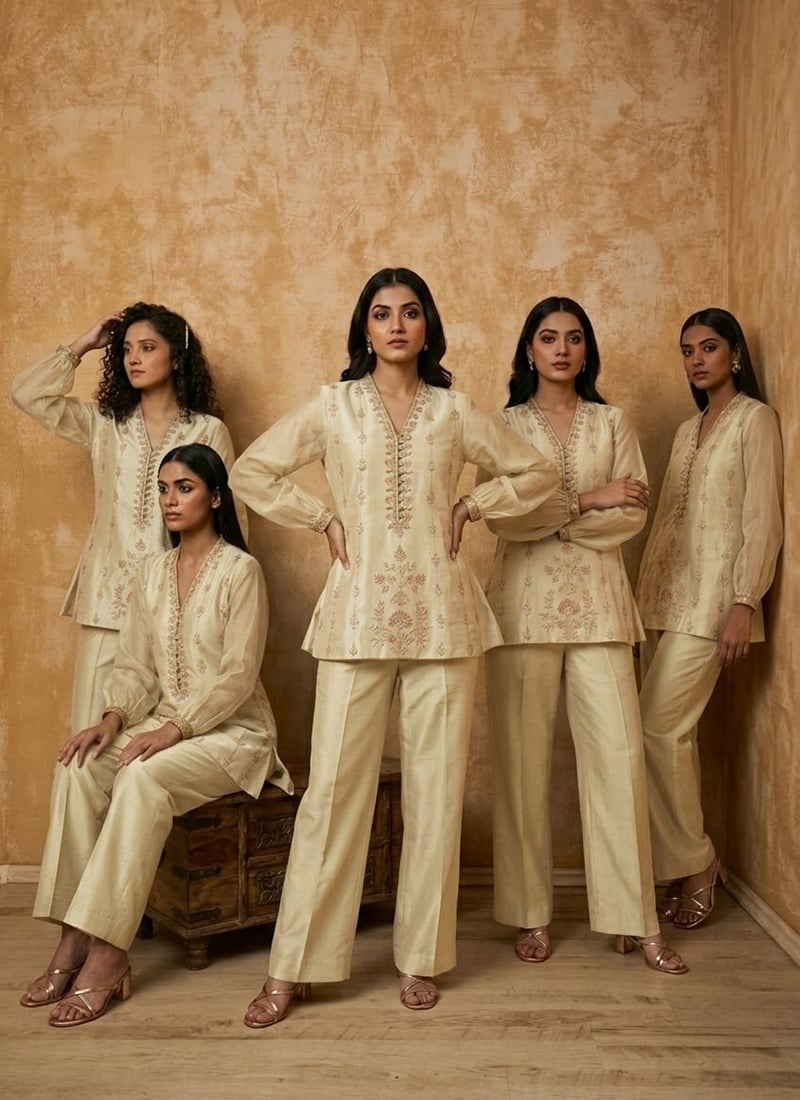 Cream Silk Zari Resham Embroidered  Indowestern Pant Suit After Six Wear
