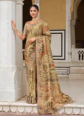 Cream Silk Zari Resham Sequins Embroidered Stone Printed Saree