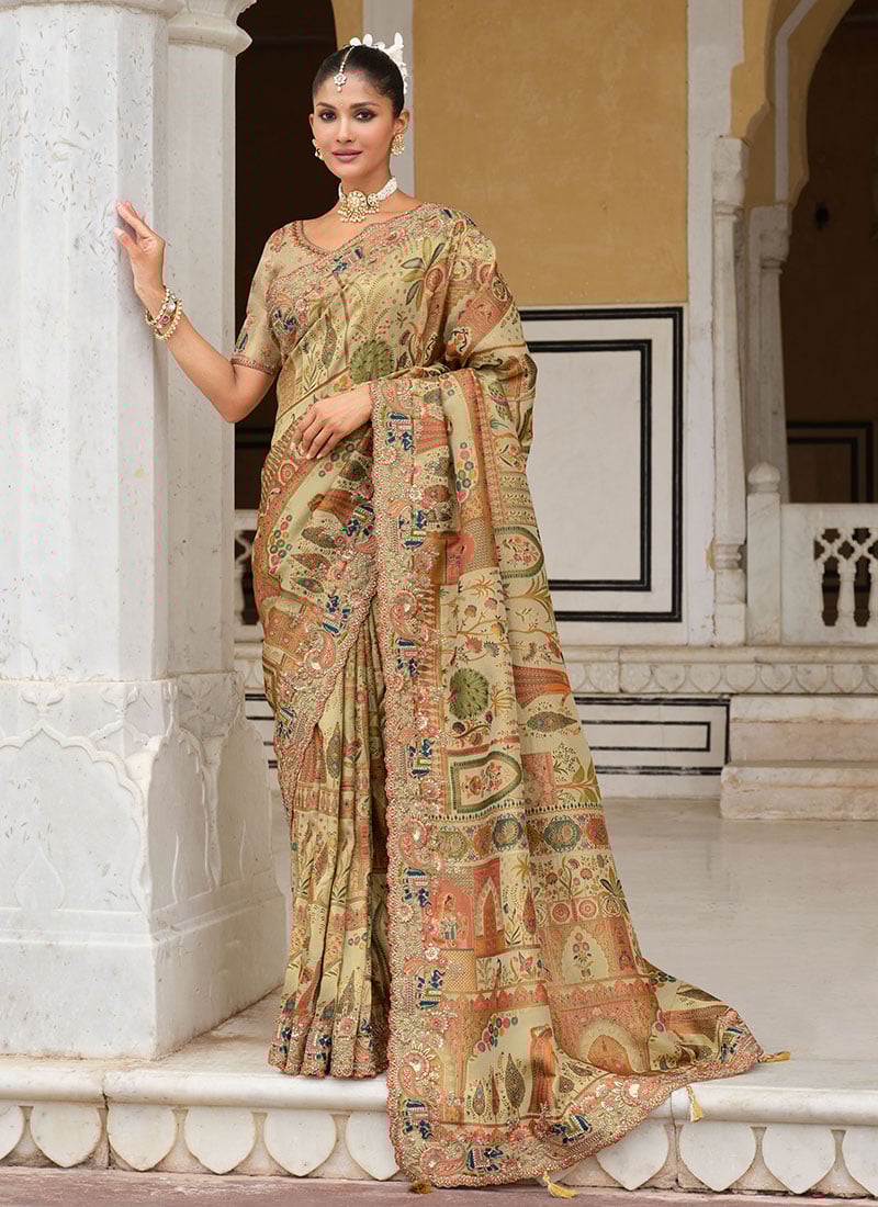 Cream Silk Zari Resham Sequins Embroidered Stone Printed Saree Wedding Wear