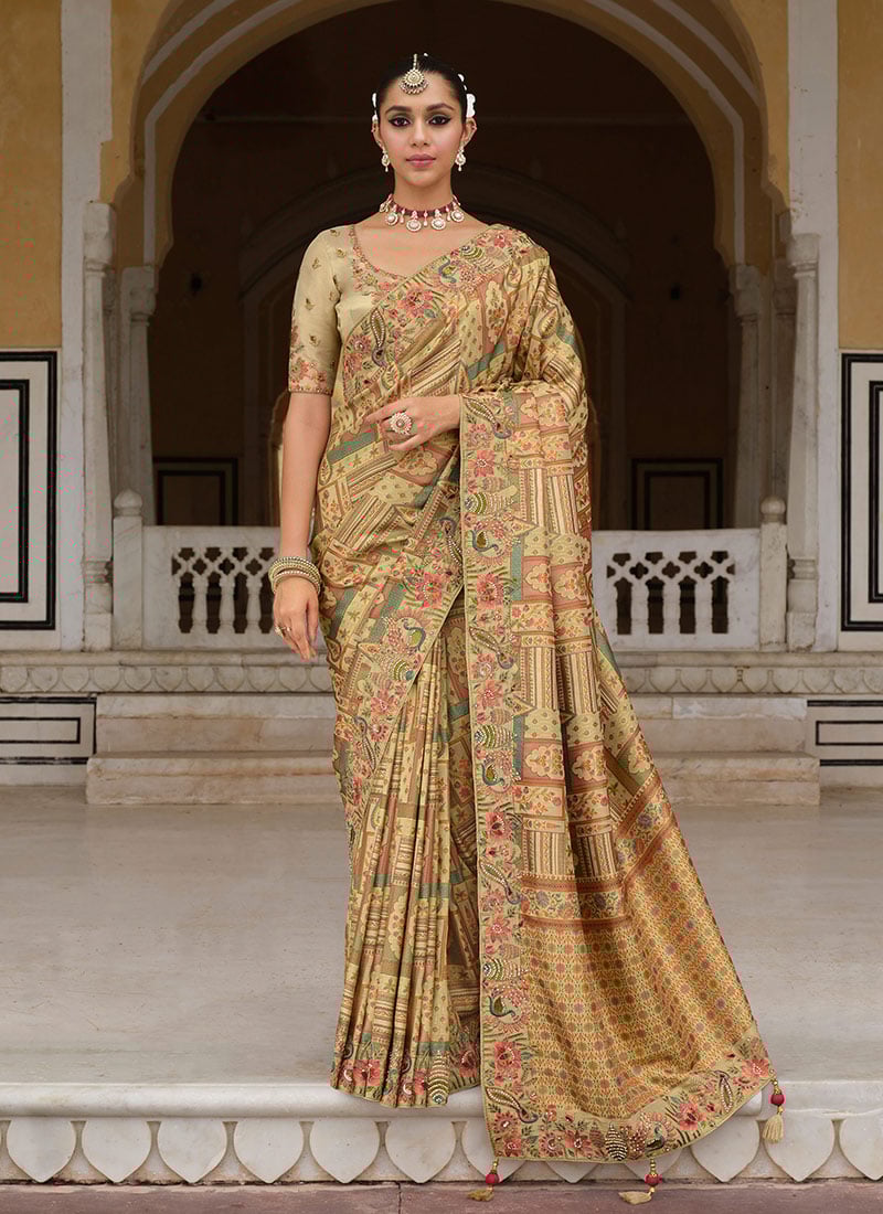Cream Silk Zari Resham Sequins Embroidered Stone Printed Saree Wedding Wear