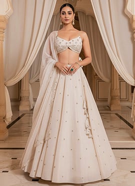 Cream Silk Zari Sequins And Hand Embroidered Lehenga
