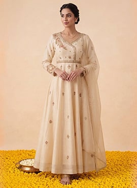 Cream Silk Zari Sequins Embroidered Anarkali Suit