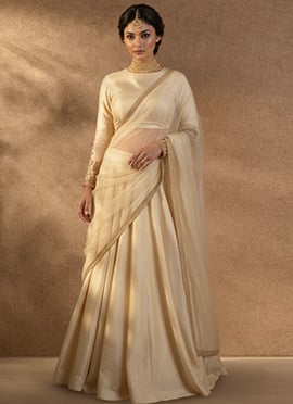Cream Silk Zari Sequins Embroidered Lehenga