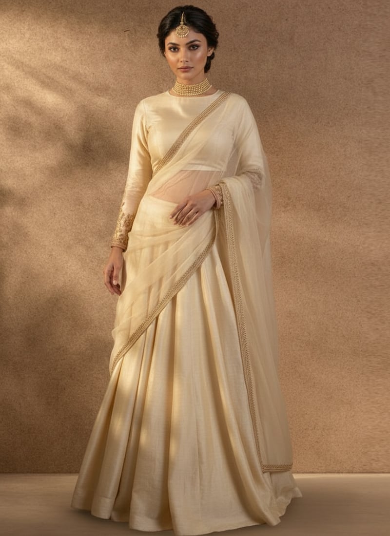 Cream Silk Zari Sequins Embroidered Lehenga Wedding Wear