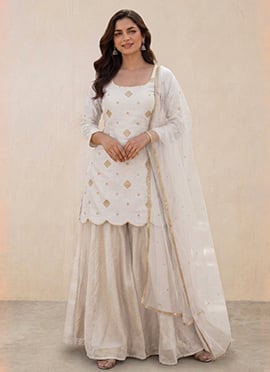 Cream Silk Zari Sequins Embroidered Palazzo Suit