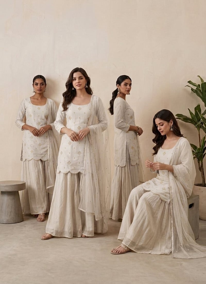 Cream Silk Zari Sequins Embroidered Palazzo Suit After Six Wear