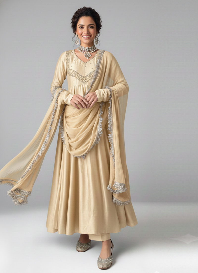Cream Silk Zari Sequins Hand Embroidery Anarkali Suit Festive Wear