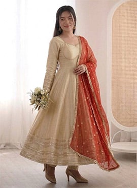 Cream Silk Zari Sequins Lace Work Anarkali Suit