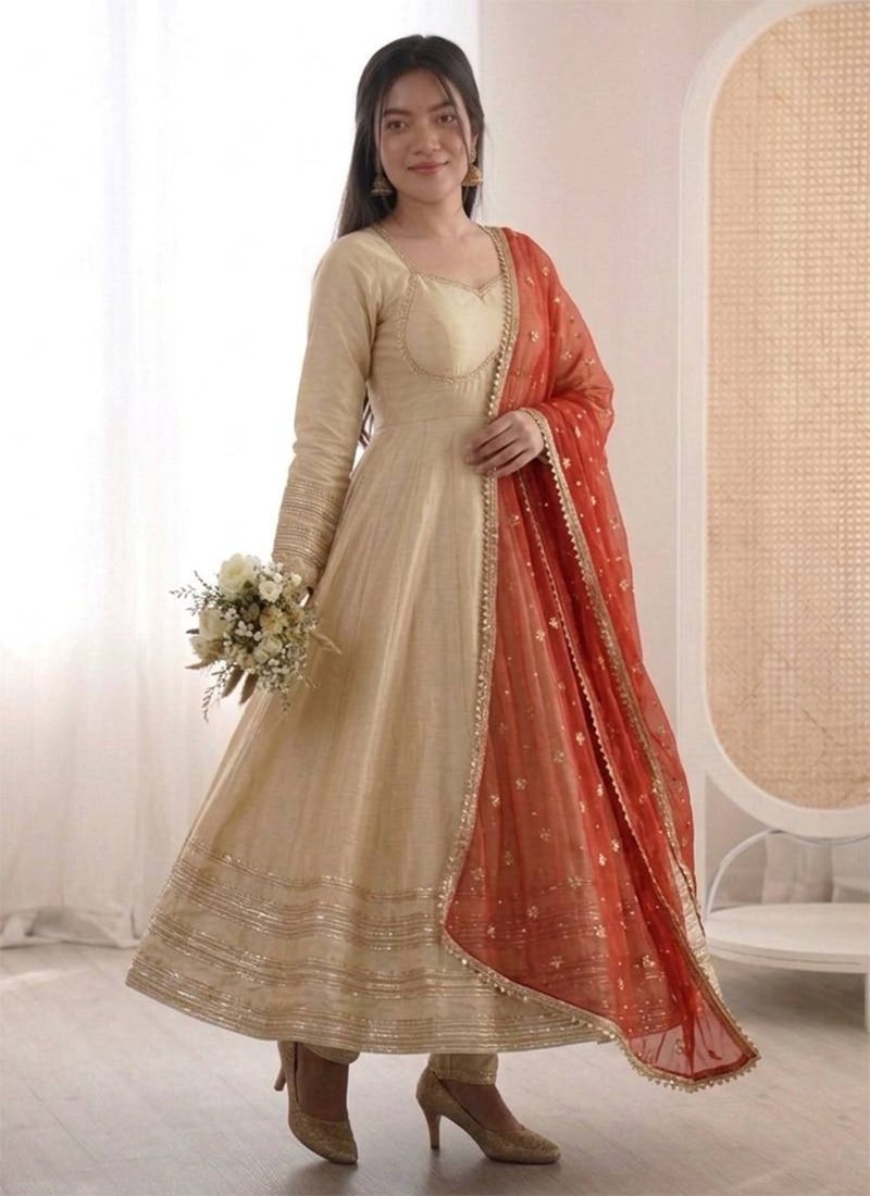 Cream Silk Zari Sequins Lace Work Anarkali Suit Festive Wear