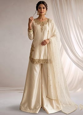 Cream Silk Zari Sequins Palazzo Suit