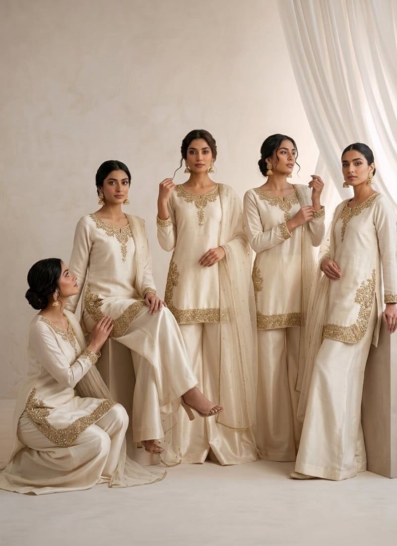 Cream Silk Zari Sequins Palazzo Suit Wedding Wear