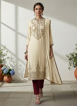 Cream Silk Zari Sequins Straight Pant Suit