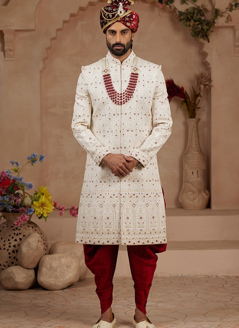 Cream Silk Zari Sequins With Stone Work Indowestern Sherwani With Dhoti Style Pants Wedding Wear