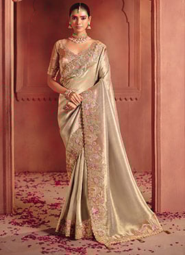 Cream Silk Zari Woven Embroidered Sequins Saree