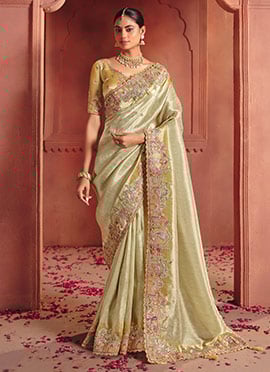 Cream Silk Zari Woven Embroidered Sequins Saree