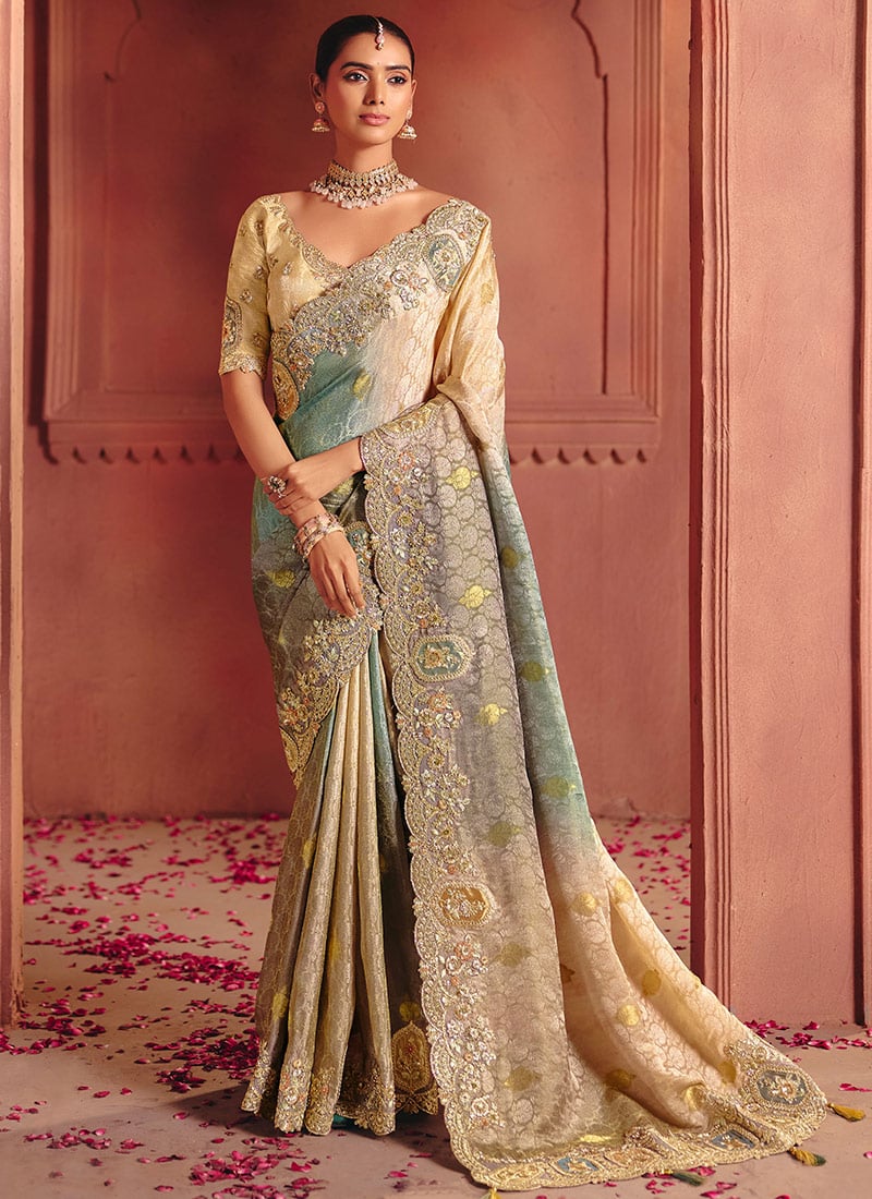 Cream Silk Zari Woven Embroidered Sequins Saree Wedding Wear