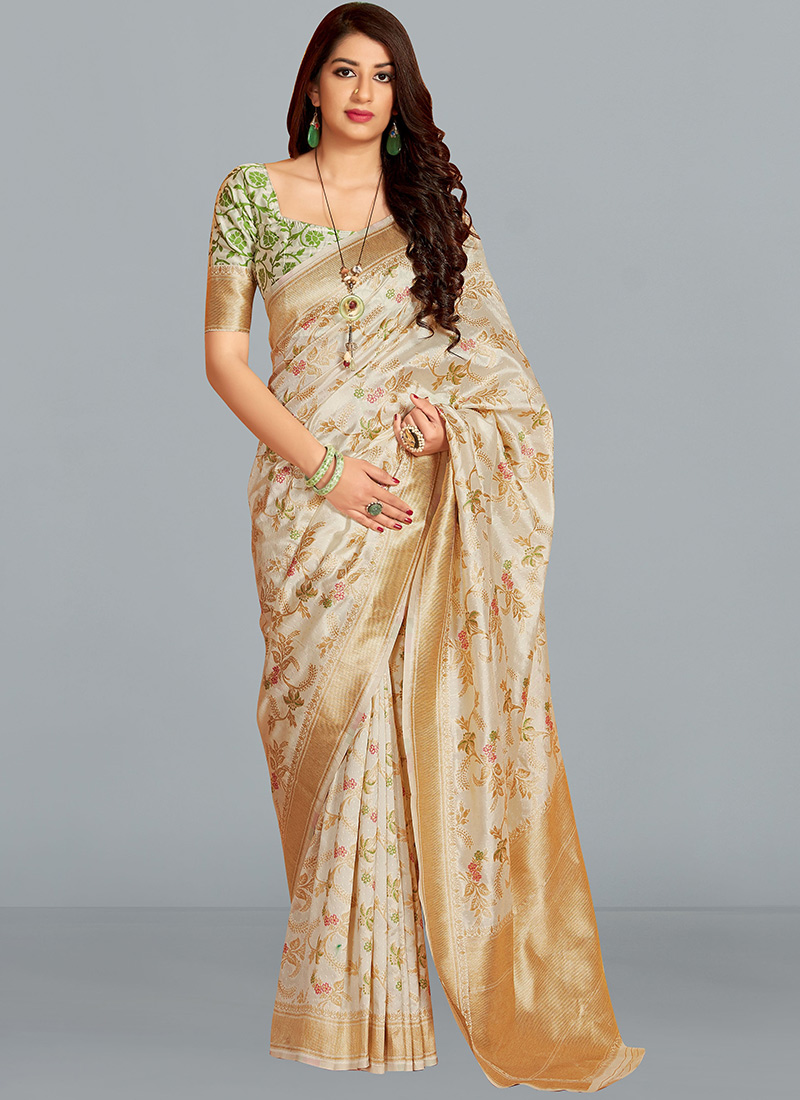 Cream Silk Zari Woven Saree Festive Wear