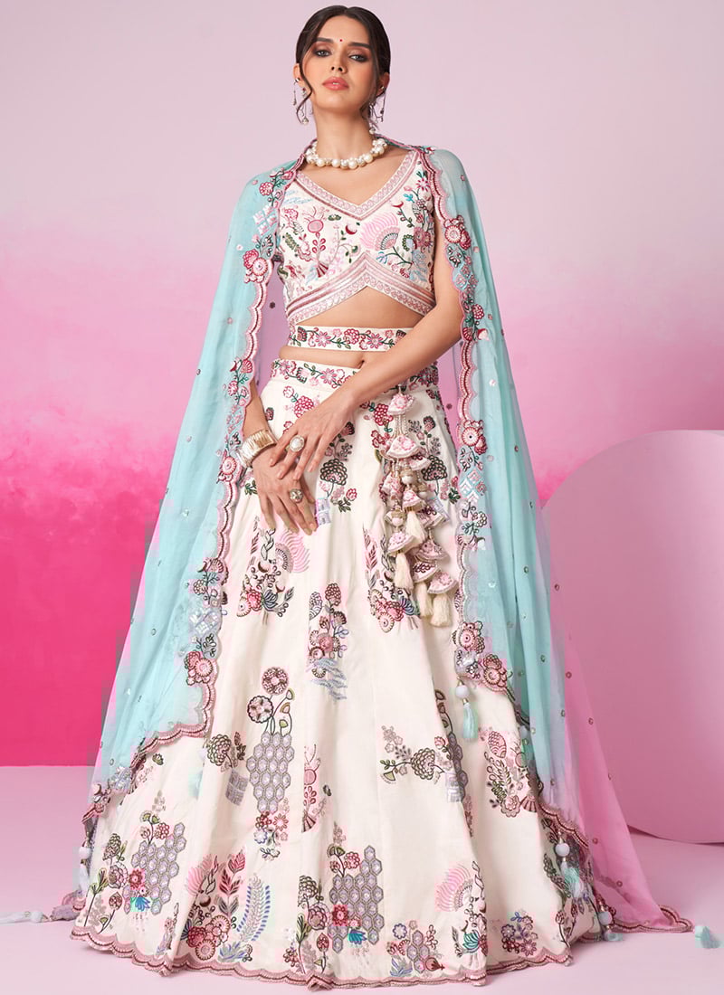 Cream Silk Zarkan Thread Embroidered Sequins Lehenga With Regal Appeal Wedding Wear