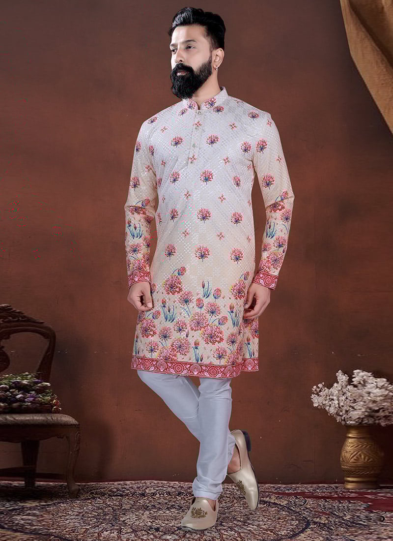 Cream Soft Cotton Embroidered Kurta Pyjama Festive Wear