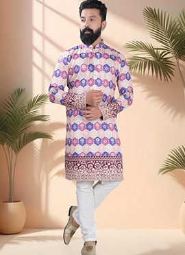 Cream Soft Cotton Embroidered Sequins And Printed Kurta Pyjama