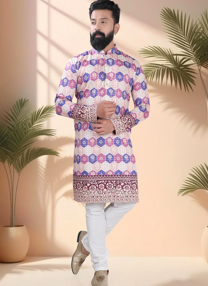 Cream Soft Cotton Embroidered Sequins And Printed Kurta Pyjama Festive Wear
