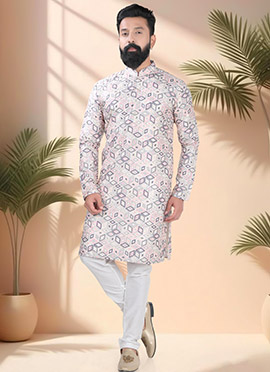 Cream Soft Cotton Embroidered Sequins And Printed Kurta Pyjama