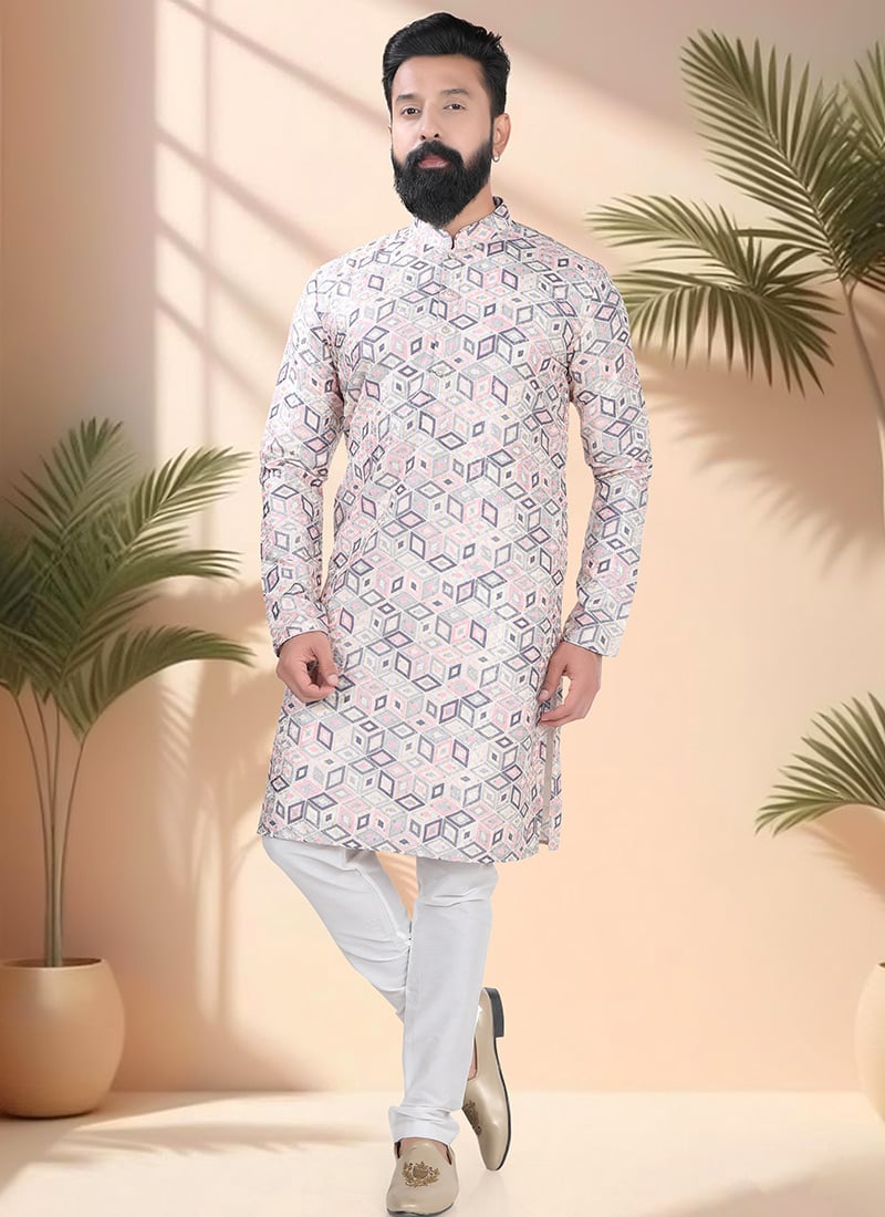 Cream Soft Cotton Embroidered Sequins And Printed Kurta Pyjama Festive Wear