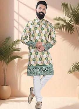 Cream Soft Cotton Embroidered Sequins And Printed Kurta Pyjama