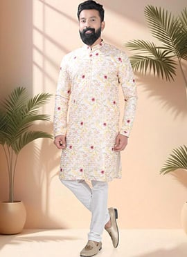 Cream Soft Cotton Embroidered Sequins And Printed Kurta Pyjama
