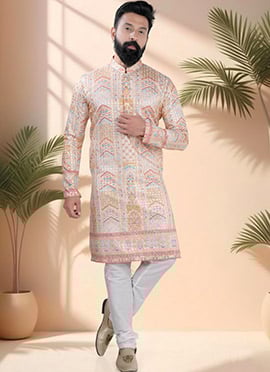 Cream Soft Cotton Embroidered Sequins And Printed Kurta Pyjama