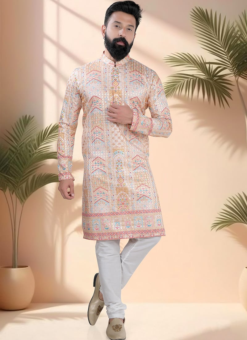 Cream Soft Cotton Embroidered Sequins And Printed Kurta Pyjama Festive Wear