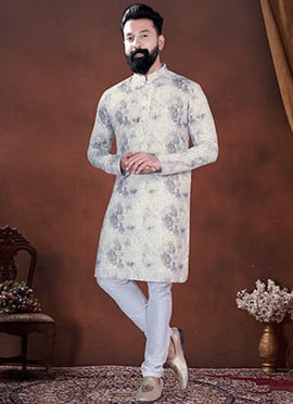 Cream Soft Cotton Thread Embroidered Sequins Printed Kurta Pyjama