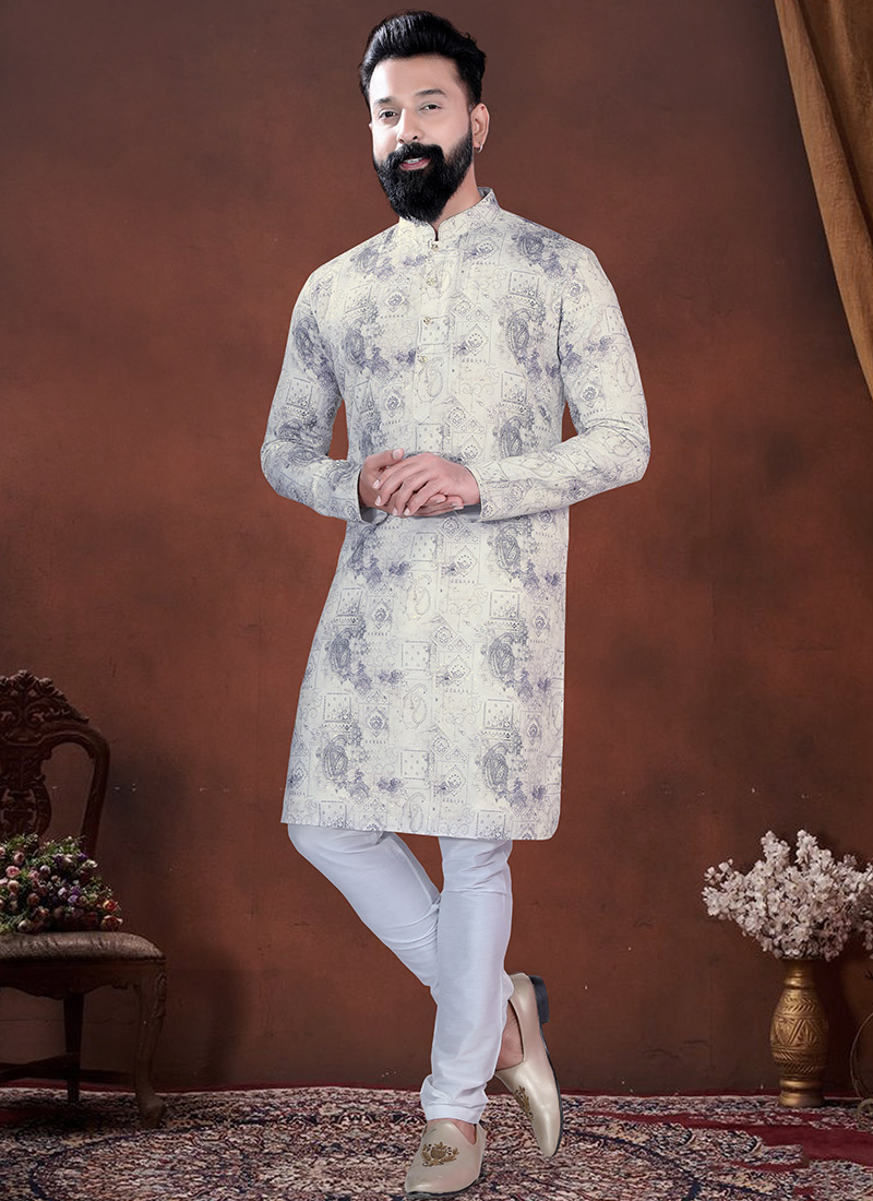 Cream Soft Cotton Thread Embroidered Sequins Printed Kurta Pyjama Festive Wear