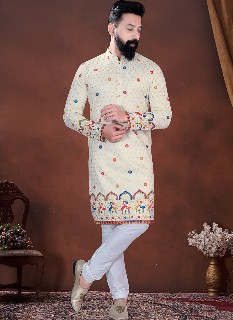 Cream Soft Cotton Thread Embroidered Sequins Printed Kurta Pyjama Festive Wear