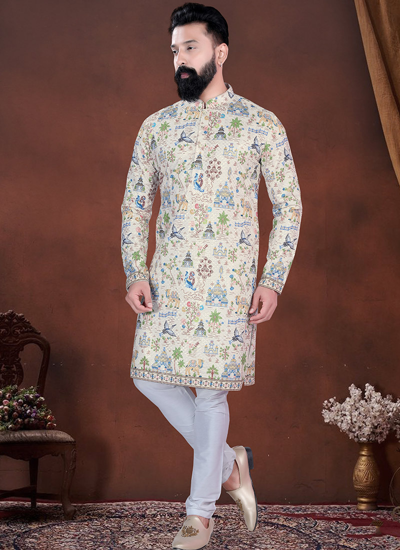 Cream Soft Cotton Thread Embroidered Sequins Printed Kurta Pyjama Festive Wear