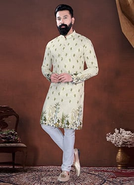 Cream Soft Cotton Thread Embroidered Sequins Printed Kurta Pyjama