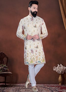 Cream Soft Cotton Thread Embroidered Sequins Printed Kurta Pyjama