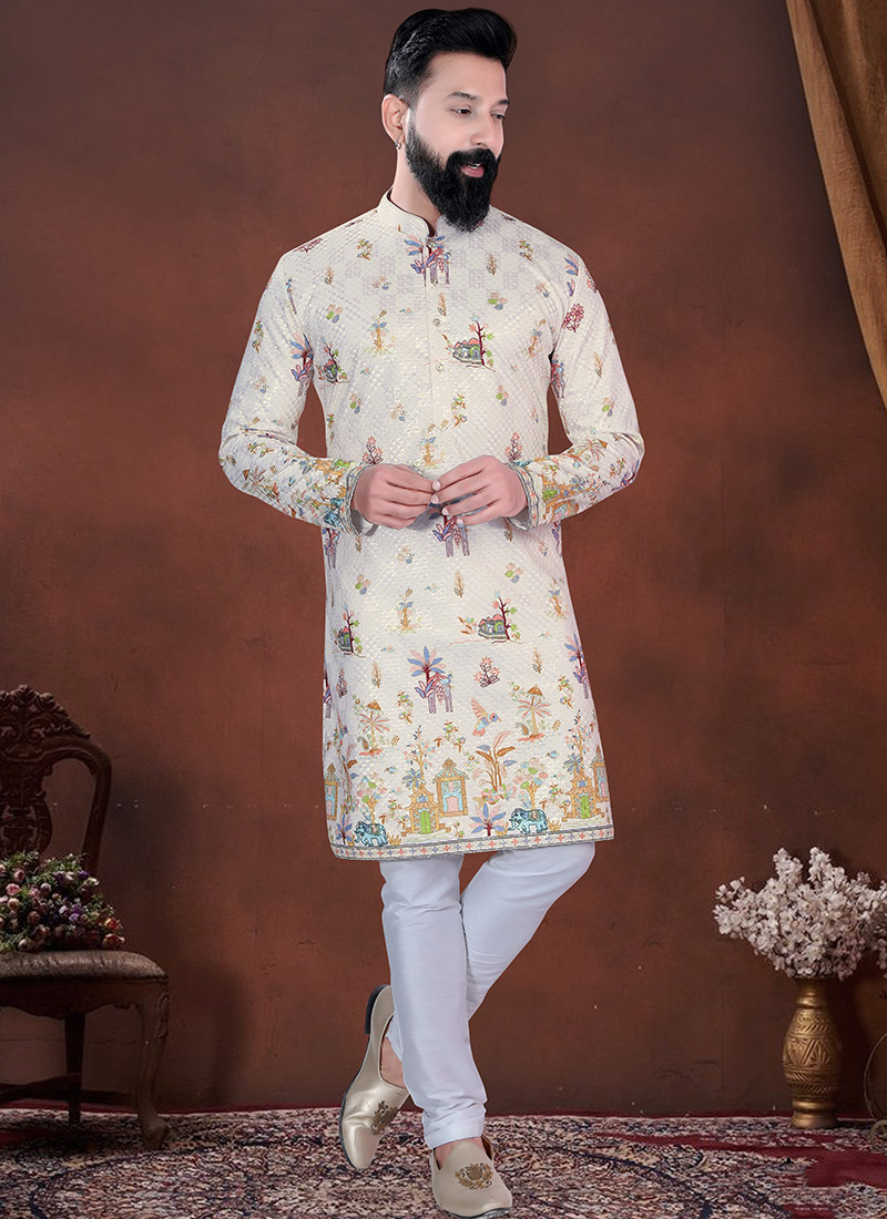 Cream Soft Cotton Thread Embroidered Sequins Printed Kurta Pyjama