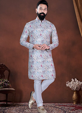 Cream Soft Cotton Thread Embroidered Sequins Printed Kurta Pyjama