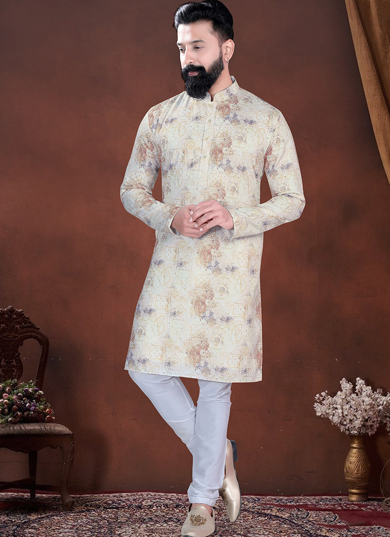 Cream Soft Cotton Thread Embroidered Sequins Printed Kurta Pyjama Festive Wear